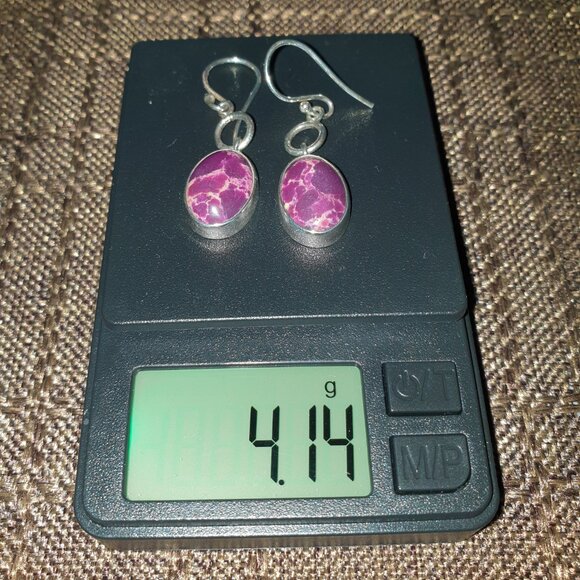 Rare Vintage Natural Purple Impression Jasper 925 Sterling Silver Dangle Earring - Picture 11 of 11